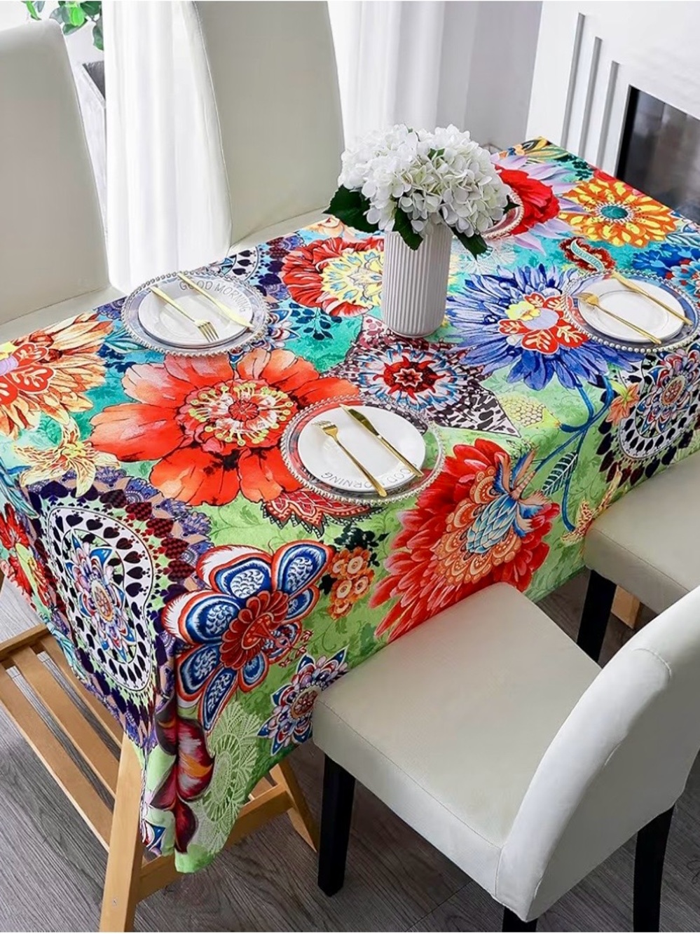HMS Happy Memories Tablecloth, Hand Drawn Art Washable Water Resist 60"x84". NWT